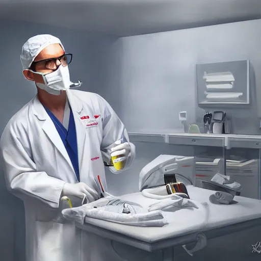 Image similar to surgeon in operation room smoking a bong, photorealistic painting, fanart, concept art, highly detailed