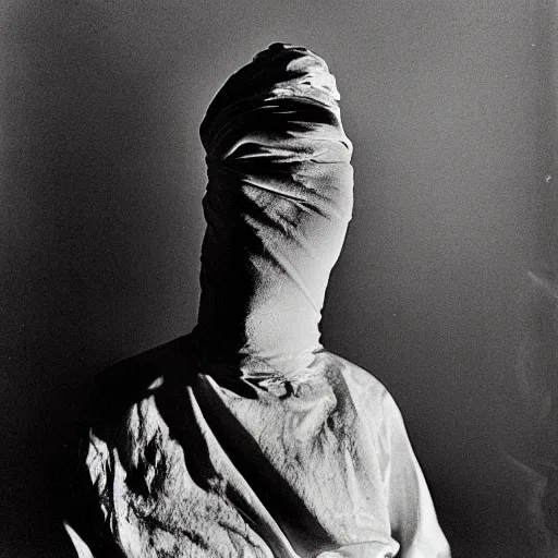 Image similar to black and white photograph the burned man tightly wrapped in linen portrait dramatic lighting by Walker Evans