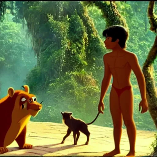 Image similar to jungle book. mowgli and balu. movie still frame.