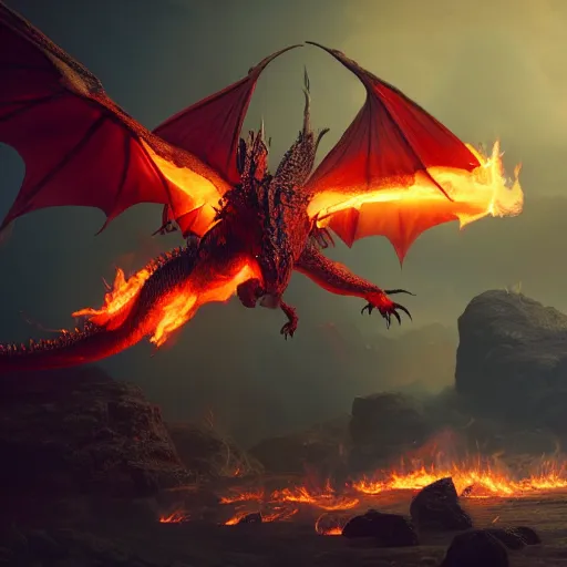 Image similar to Flying dragon and fire breath, unreal engine, sharp focus, fantasy style, octane render, volumetric lighting, 8k high definition, by greg rutkowski, highly detailed, trending on art Station