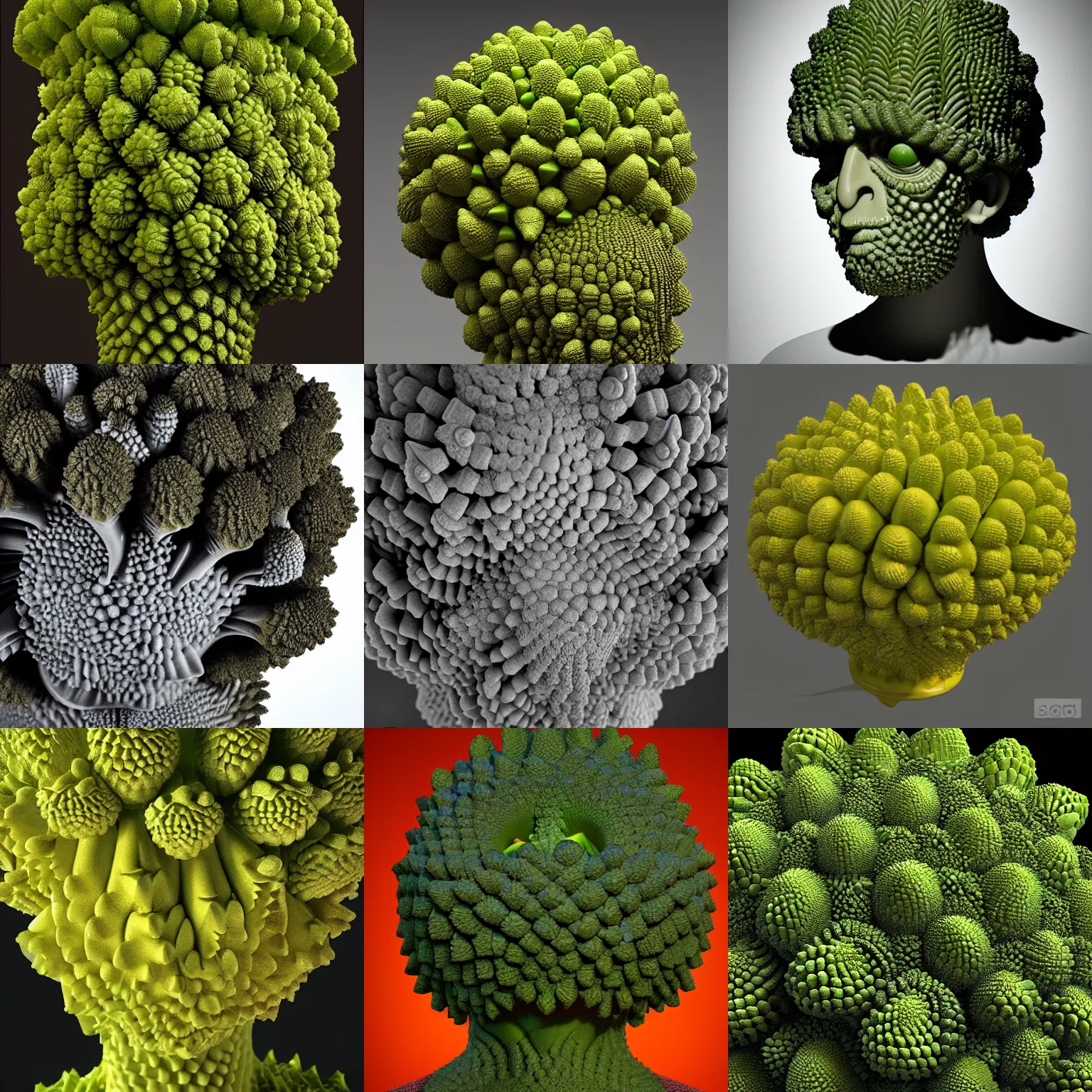 Prompt: romanesco brocoli female face, arcimboldo, close up, highly detailed, dramatic intense lighting, deep shadows, houdini render, unreal engine