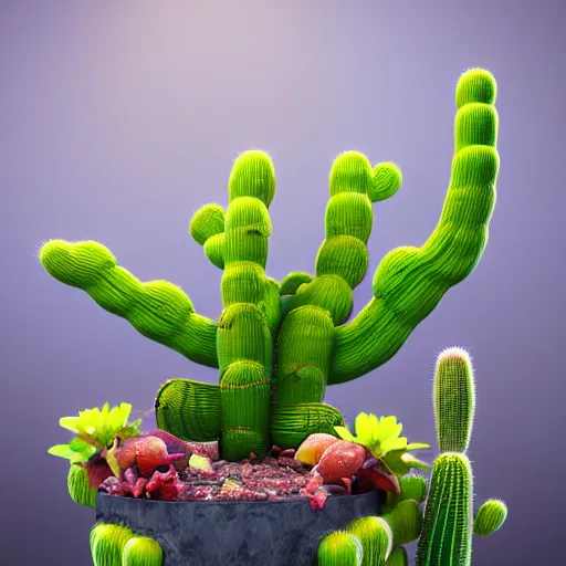 Image similar to Joshua Cotter, 3d hard surface design, octane rendered, robotic bionic Cactus with fruits design, hardops, box cutter, artstation trending, wow, 8k, edon guraziu