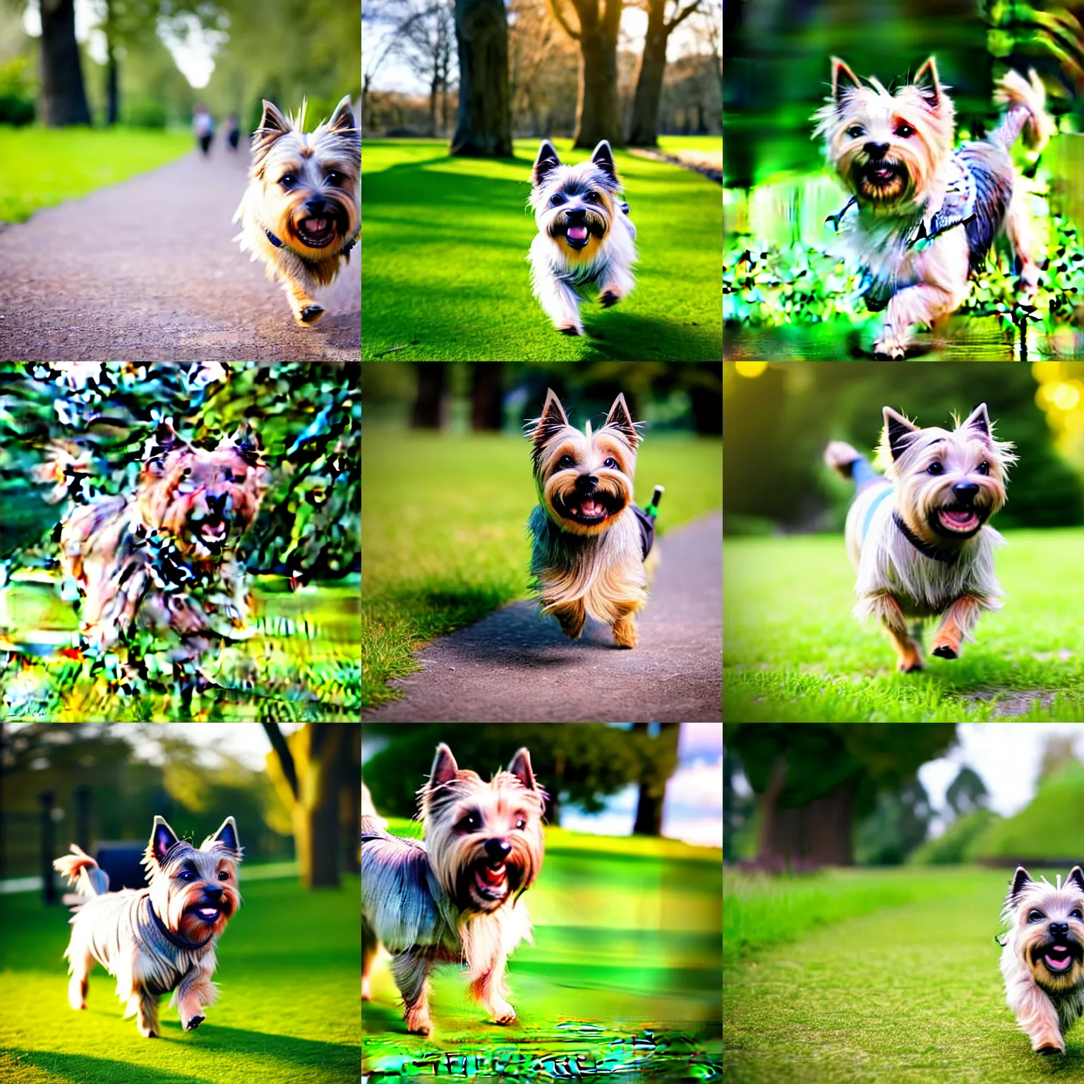 Prompt: a happy cairn terrier walking around a park