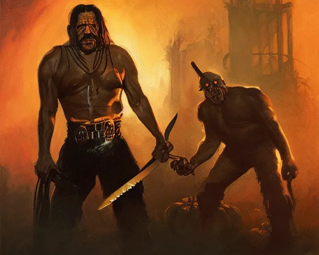 Prompt: danny trejo as machete, black vest, sharpening knives halloween night, by greg rutkowski and frank frazetta, intricate, artstation, cinematic, style of magic : the gathering