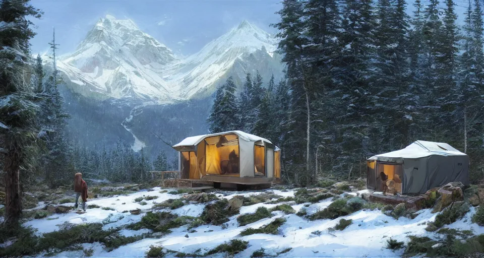 Image similar to cabela's beautiful comfortable modular insulated container home wall kit - house all weather family dwelling tent house, person in foreground, mountainous forested wilderness open fields, beautiful views, painterly concept art, environmental concept art, concept art illustration, by james gurney, by craig mullins, by greg rutkowski trending on artstation