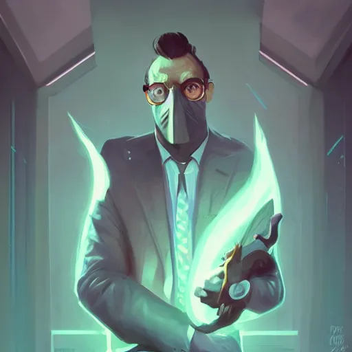 Image similar to portrait of corporate misery, holding his face in his hands, in the style of peter mohrbacher, artgerm, blue dramatic lighting and composition, octane render, trending on artstation, concept art 8 k