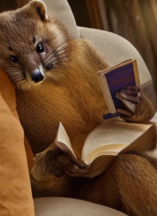 Prompt: A beautiful scene from a 2022 Marvel film featuring a humanoid pine marten in loose clothing reading on a couch. An anthropomorphic pine marten wearing a white shirt. Golden hour.