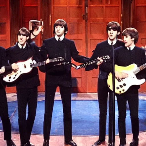 Prompt: the four young Beatles, performing in SNL