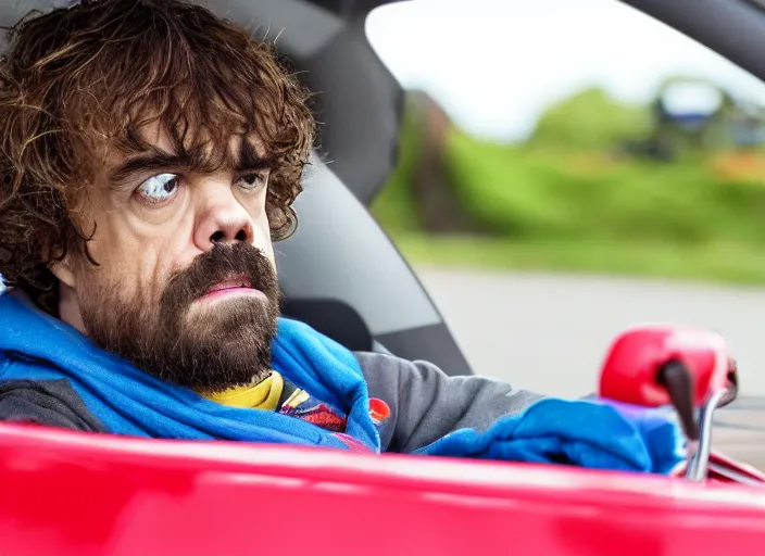 Image similar to peter dinklage driving a little tikes cozy coupe, movie still, from the new fast and furious movie, 8 k, realistic