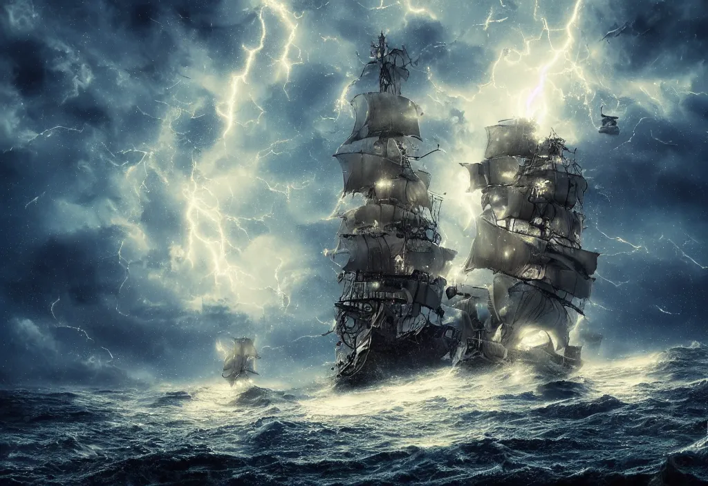 Image similar to photograph of a pirate ship traveling through sea of stars, breathtaking stars, thunderstorm lightning, interstellar, concept art, NASA, 4K, Detailed, HDR