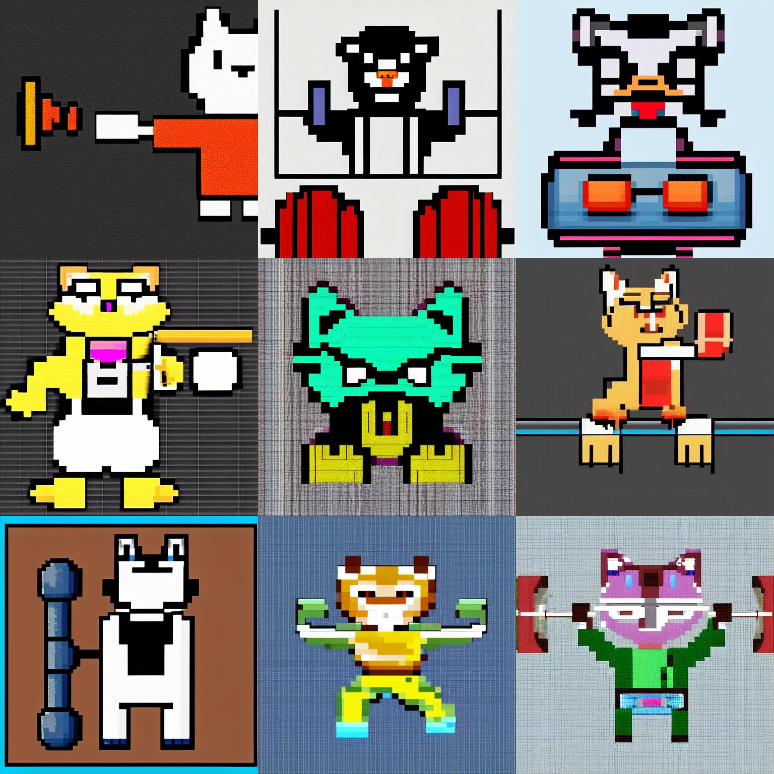 Prompt: pixel art of an angry cat lifting weights