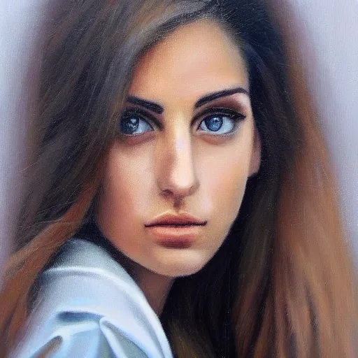Prompt: beautiful realistic oil painting of an atractive cool alternative bosnian woman in her early 20s. beautiful face. She has dark brown hair, dark thick eyebrows, brown eyes and shoulder long hair.