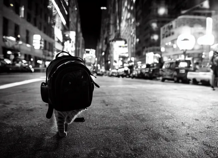 Image similar to photography of a Cat being carried in a backpack . in a new york street. award winning photo, led lighting, night, 130mm, sharp, high res