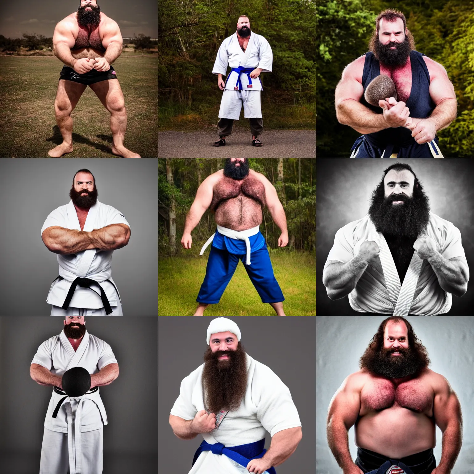 Prompt: big burly hairy strongman wearing a gi, photography