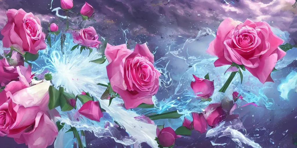 Prompt: background art of magic invisible blade slicing through a bouquet of white and pink roses, flowers exploding and spraying and splattering, big puffy clouds, exploding roses, large rose petals, lotus petals, large polygonal background elements, large polygons, dramatic anime, dramatic radiant lighting, artgerm, manga, trending on artstation, art nouveau, mature colors