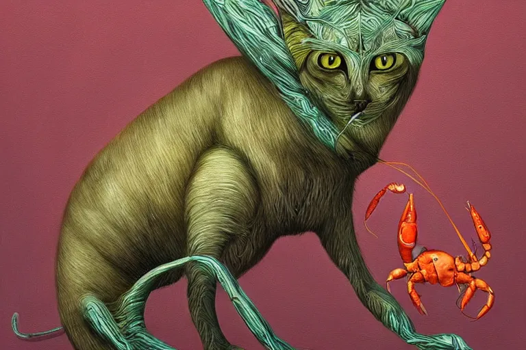 Prompt: painting of hybrid between cat!! & lobster, intercrossed animal, mixture animal, by tiffany bozic, by zdzislaw beksinski, logical anatomy, cold hue's, warm tone gradient background, concept art, beautiful composition, digital painting,