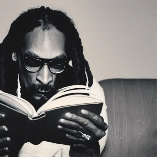 Prompt: 1980s Polaroid photo-journalism flash photograph of Snoop Dogg reading a book, portrait, natural light, shallow depth of field