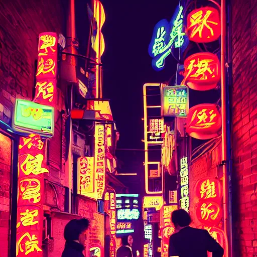 Image similar to Looking down a neon sign lit alleyway in Neo-Tokyo with many neon signs and izakayas, two Japanese businessmen standing against a wall talking to each other, one streetlight, cyberpunk, trending on artstation and behance, by Beeple