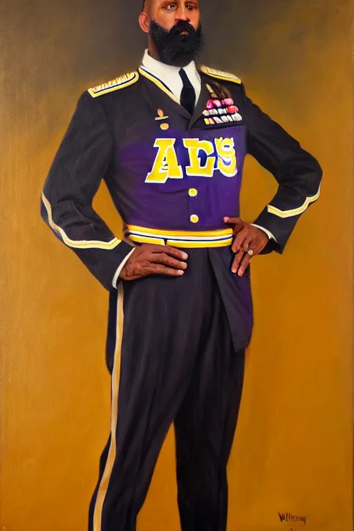 Image similar to full body portrait of the dictator of the los angeles lakers, 1 8 8 9, in full military garb, oil on canvas by william sidney mount, trending on artstation
