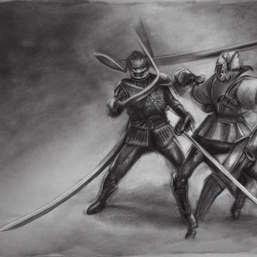 Prompt: hero fighting against two swordsmen in the middle of an arena, pencil art, added detail, high definiton