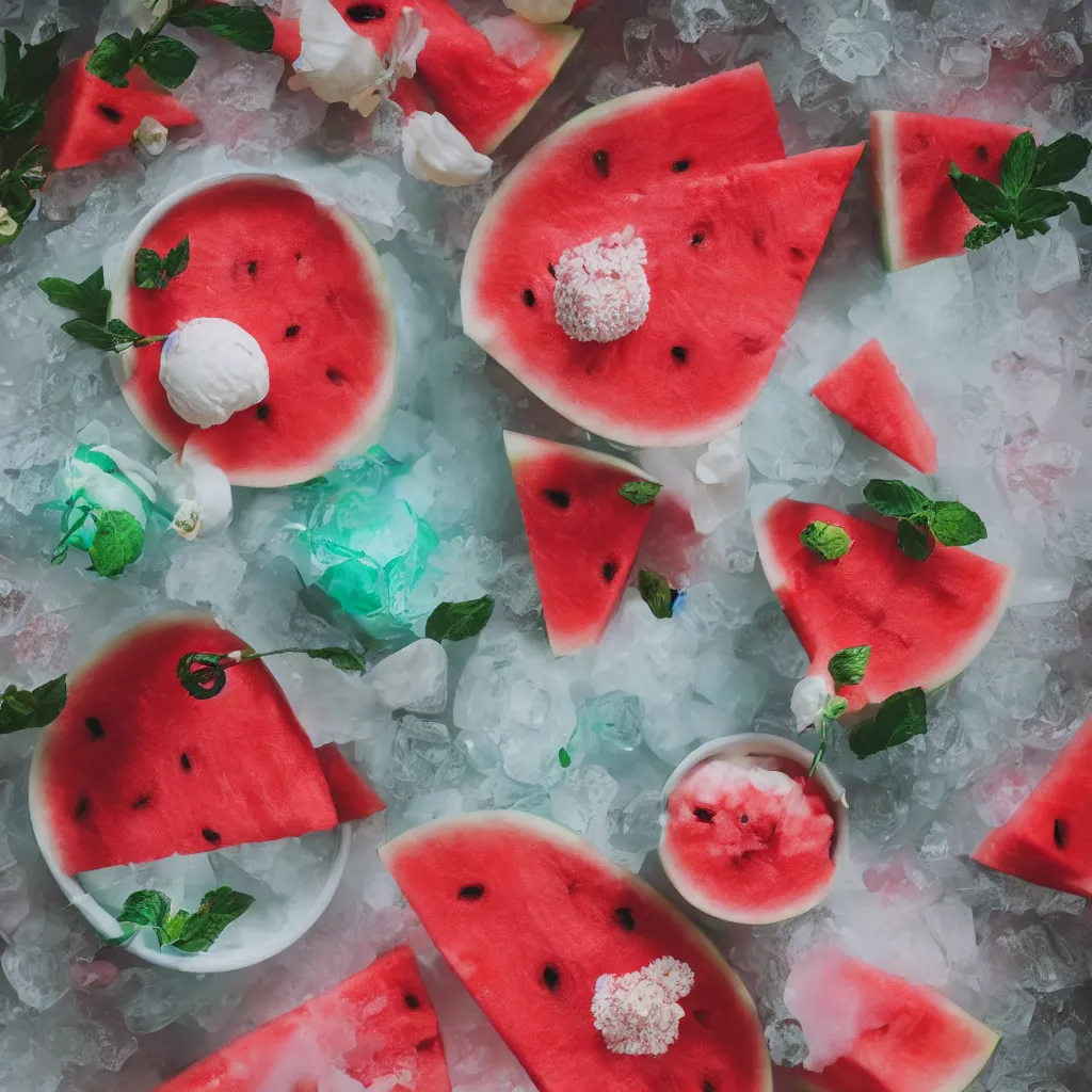 Image similar to watermelon cold drink, ice cream, strawberry embellishment, books and flowers, trending on studio ghibli, dreamy, soft, global illumination, radiant light, intricate environment, luminescence, highly detailed, 8 k