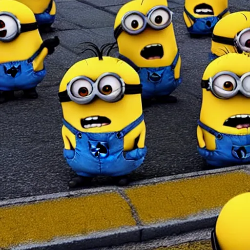 Image similar to haunted minions from minions, scary scene