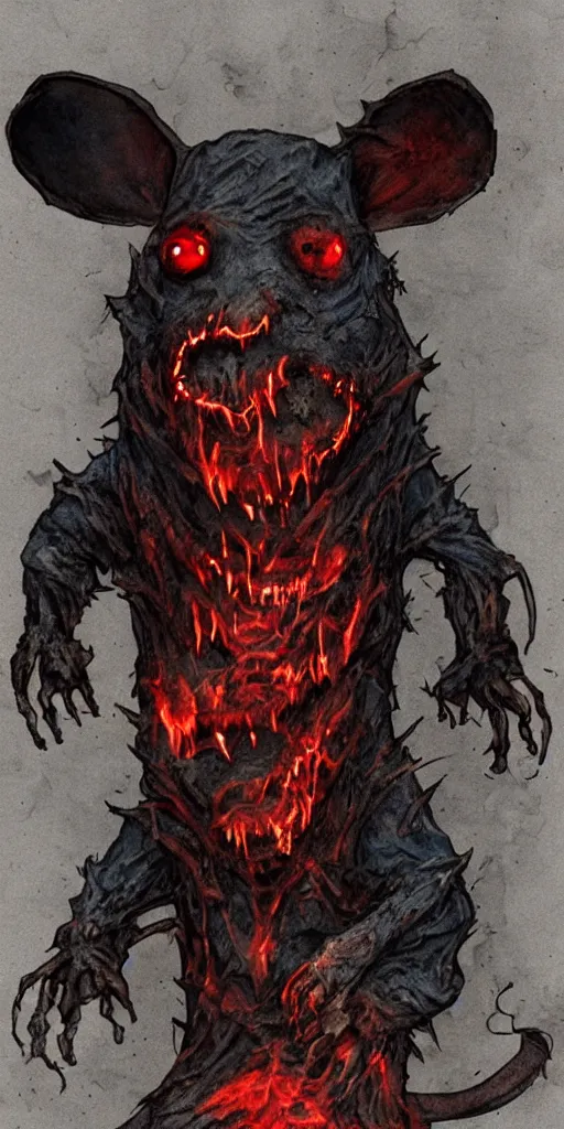 Image similar to an undead rat with rotted face and glowing red eyes wearing black tattered robes and holding two blue flames