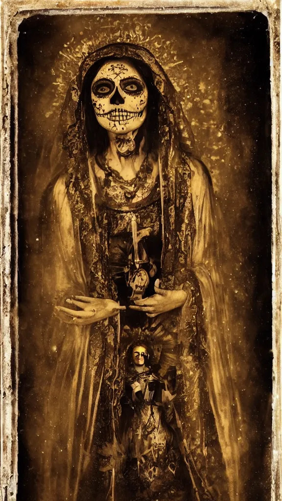 Image similar to tintype full body view, virgin mary in dia de muertos dress and make up, horrific beautiful vibe, evocative, atmospheric lighting, painted, intricate, highly detailed,