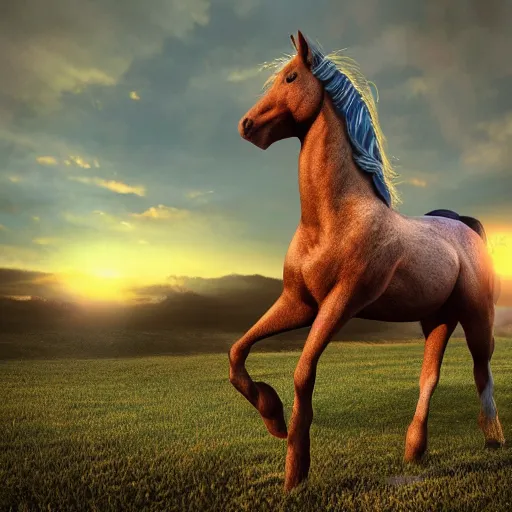 Prompt: a horse, mega detailed, volumetric lighting, beautiful, golden hour, sharp focus, ultra detailed