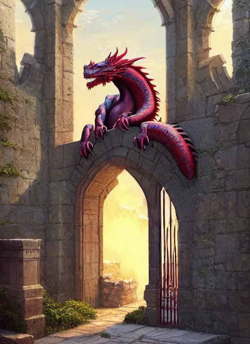 Prompt: a hyperrealism portrait of dragon guarding the gates to a castle, vibrant color scheme, highly detailed, in the style of romanticism, cinematic, artstation, moebius, greg rutkowski