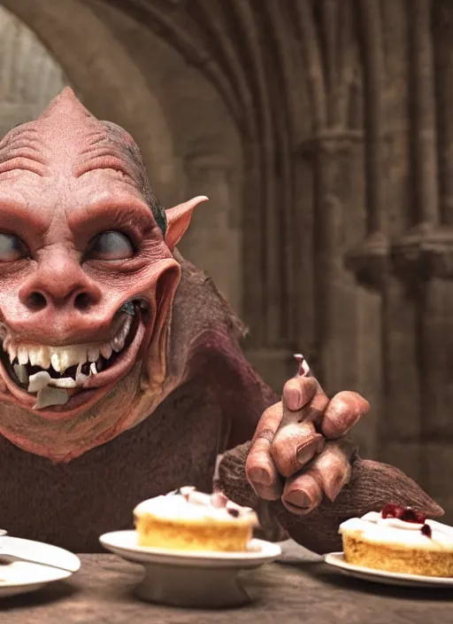 Image similar to closeup portrait of a medieval goblin eating cakes in the cloisters, depth of field, zeiss lens, detailed, symmetrical, centered, fashion photoshoot, by Annie Leibovitz and Steve McCurry, David Lazar, Jimmy Nelsson, Breathtaking, 8k resolution, extremely detailed, beautiful, establishing shot, artistic, hyperrealistic, beautiful face, octane render