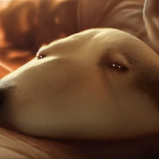 Prompt: close - up of a dog sleeping in a bed made of planets, sun rays, cinematic shot, photo still from movie by denis villeneuve