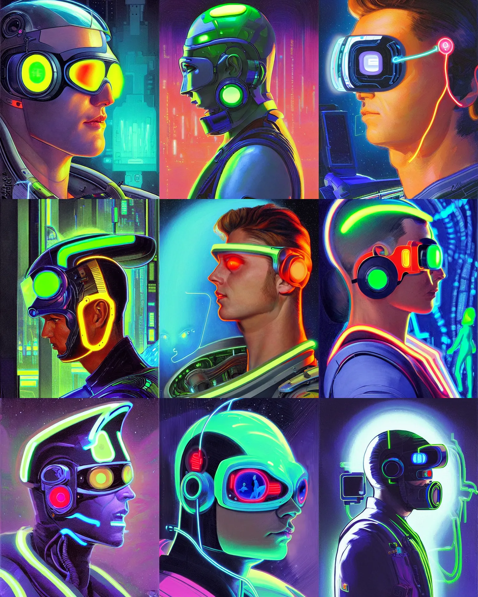 Prompt: sillouete side view future coder man, sleek cyclops display over eyes and glowing headset, neon accents, holographic colors, desaturated headshot portrait digital painting by charles camoin ivan bilibin, dean cornwall, donato giancola, john berkey, astronaut cyberpunk electric lights profile