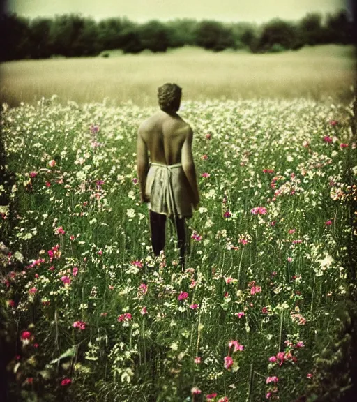 Image similar to mystical death god standing in tall meadow of flowers, distant, vintage film photo, grainy, high detail, high resolution