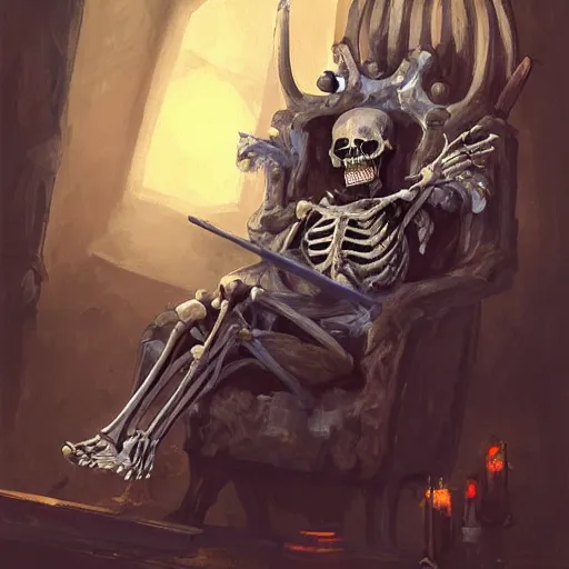 Prompt: Skeleton King, human skeleton, resting on his throne, oil painting, by Fernanda Suarez and Greg Rutkowski