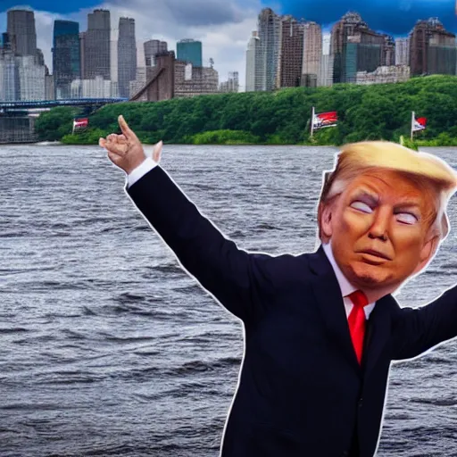 Image similar to donald trump tossing a small leprechaun in to the hudson river, hyper realistic, wide shot, photography, award winning, 8 k,