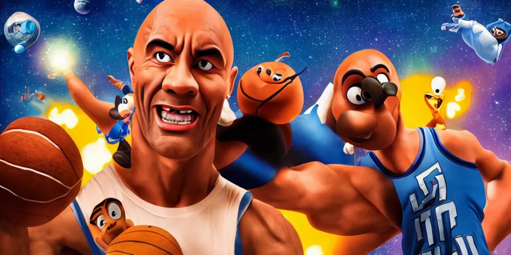Prompt: the rock in space jam 2 as a realistic looney tune film poster 32k, film render,cinematic high resolution 100k
