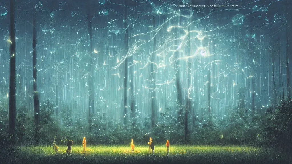 Image similar to highly detailed illustration of a forest with fireflies and rain at night, clouds, abstract minimalist white sculpture, by makoto shinkai, by moebius, by oliver vernon, by joseph moncada, by damon soule, by manabu ikeda, by kyle hotz, by dan mumford, by otomo, 4 k resolution
