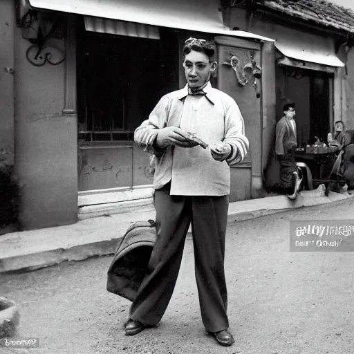 Prompt: a frenchman with a baguette and a bottle of wine in 1 9 5 0