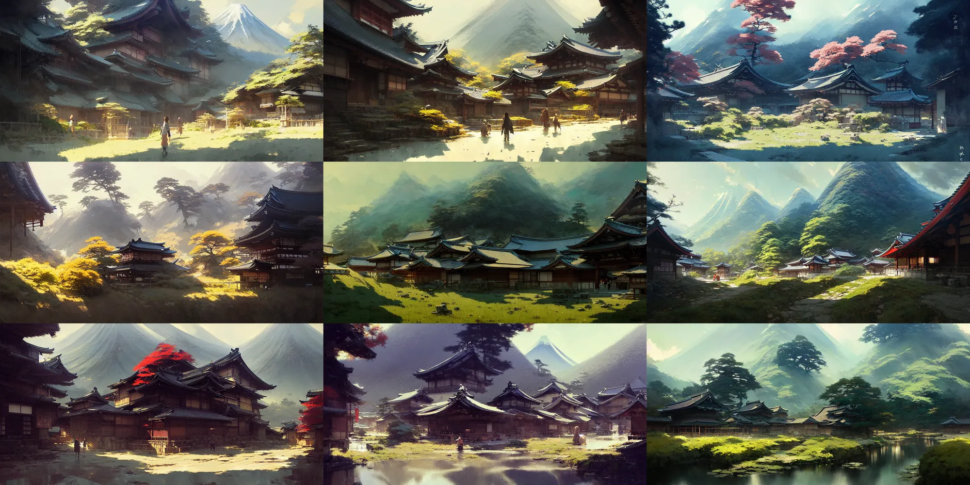 Prompt: japanese mountain countryside small town, landscape, illustration, highly detailed, digital painting, concept art, matte, art by ruan jia and wlop and greg rutkowski and makoto shinkai, masterpiece