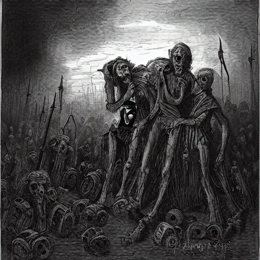 Image similar to zombies, nine steel barrels in a graveyard, creepy atmosphere, dark, realistic, illustration by gustave dore