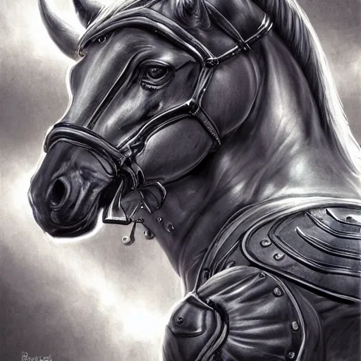 Image similar to a herculean anthropomorphized horse with a magnificently muscular physique wearing a tight leather armor while protecting a facility, long white mane, equine, anthro art, furaffinity, highly detailed, digital painting, artstation, sharp focus, concept art, illustration, art by artgerm, greg rutkowski, wlop