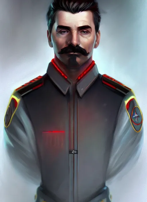 Image similar to « a portrait o cyberpunk joseph stalin, glowing eyes, a digital painting by charlie bowater, featured on cgsociety, fantasy art, behance hd, wiccan, artstation hd »