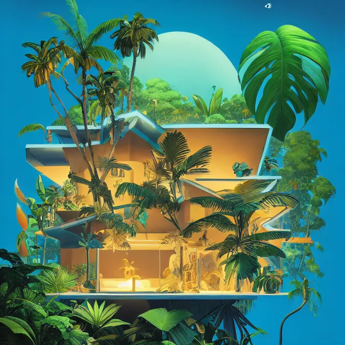 Image similar to a luminescent tropical cottage by paolo eleuteri serpieri and tomer hanuka and chesley bonestell and daniel merriam and tomokazu matsuyama, unreal engine, high resolution render, featured on artstation, octane, 8 k, highly intricate details, vivid colors, vector illustration