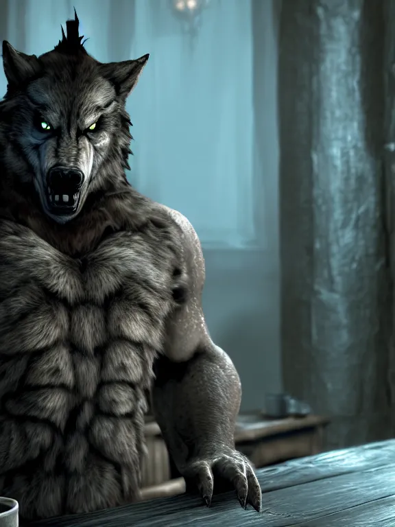 Prompt: cute handsome cuddly burly surly relaxed calm timid werewolf from van helsing sitting down at the breakfast table in the kitchen of a normal suburban home staring longingly at a delicious cupcake with orange frosting unreal engine hyperreallistic render 8k character concept art masterpiece screenshot from the video game the Elder Scrolls V: Skyrim