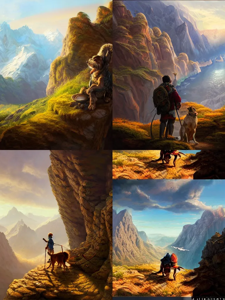 Prompt: an adventurer in the begining of a journey with his dog. near a precipice, the sun and mountains on the background. intricate, elegant, highly detailed, digital painting, artstation, concept art, sharp focus, illustration, by justin gerard and artgerm, 8 k
