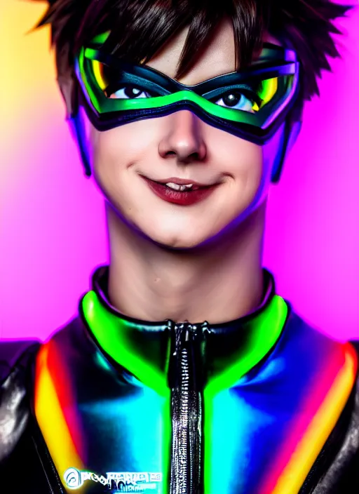 Image similar to hyperrealistic style portrait of tracer overwatch, confident pose, wearing black iridescent rainbow latex, rainbow, neon, 4 k, expressive happy smug expression, makeup, wearing detailed black leather collar, wearing sleek armor, studio lighting, black leather harness, expressive detailed face and eyes,