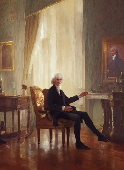 Prompt: a portrait of thomas jefferson in the oval office, cyberpunk, detailed by gaston bussiere, bayard wu, maxim verehin, greg rutkowski, masterpiece, sharp focus, cinematic lightning