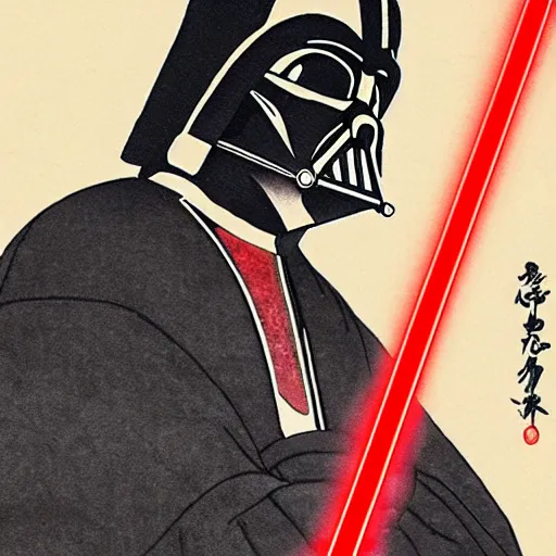 Prompt: darth vader holding a red lightsaber, ukiyo - e hd 4 k