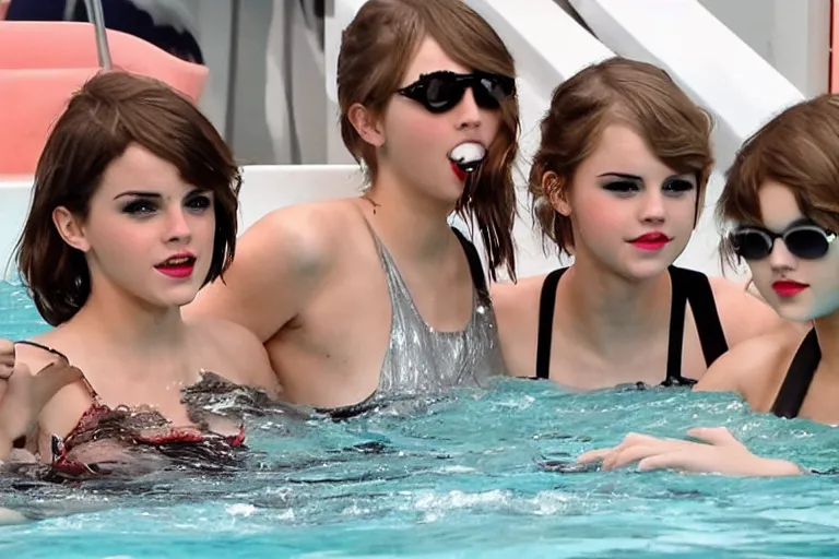 Image similar to emma watson and taylor swift and selena gomez swim together. perfect faces.